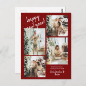 Red Modern Brush Script 4 Foto Happy New Year Postkarte (Vorne/Hinten)