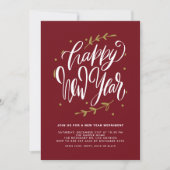 Red Modern Calligraphy and Wreath New Year Party Einladung (Vorderseite)