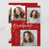 Red Modern Calligraphy Five Foto Graduation Party Einladung (Vorne/Hinten)