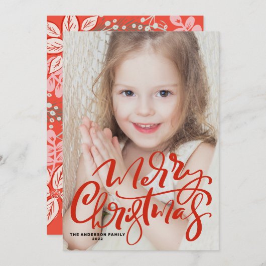 Red Modern Calligraphy Foto Frohe Weihnachten (Vorne/Hinten)