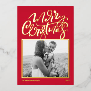 Red Modern Calligraphy Foto Frohe Weihnachten Folien Feiertagskarte
