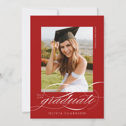 Red Modern Elegante Script Foto Graduation Party Einladung (Vorderseite)