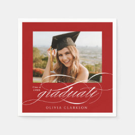Red Modern Elegante Script Foto Graduation Party Serviette