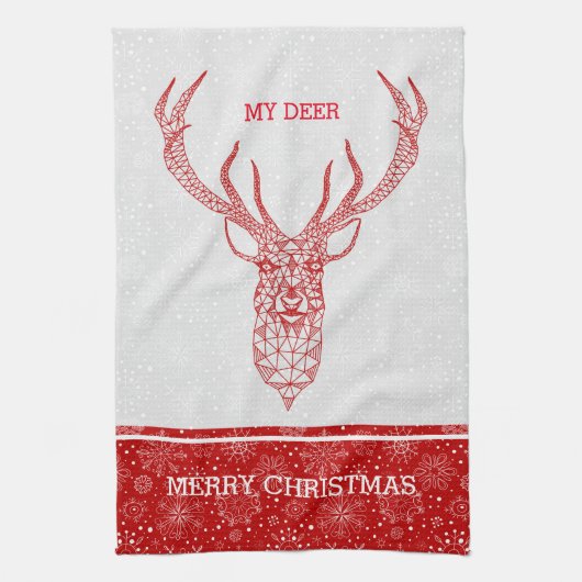 Red Modern Geometric Christmas Deer Geschirrtuch (Vertikal)