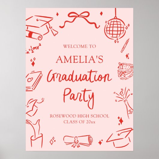 Red Modern Hand Drawn Graduation Party Welcome Poster (Vorne)