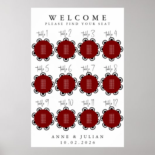 Red Modern Minimal Wedding Seating Chart Poster (Vorne)