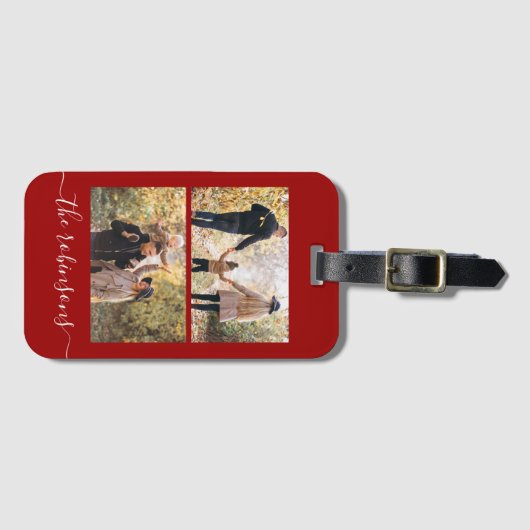 Red Modern Script 2 Foto Collage Gepäckanhänger (Vorderseite (Horizontal))
