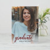 Red Modern Script Graduate 2 Fotos Drive by Inv Einladung (Stehend Vorderseite)