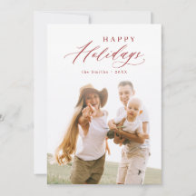 Red Modern Script Happy Holidays Family Foto