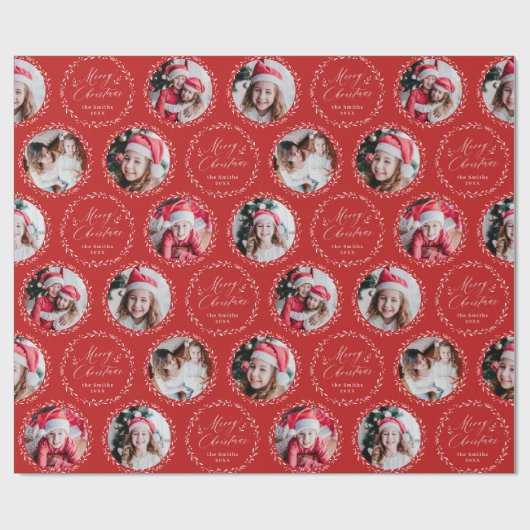 Red Modern Script Merry Christmas Family 6 photo Geschenkpapier (Flach)