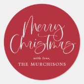 Red Modern Simple Calligraphy Frohe Weihnachten Runder Aufkleber (Vorderseite)