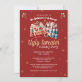 Red Modern Tacky Ugly Sweater Weihnachts-Party Einladung (Vorderseite)