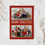 Red Modern Typografy Christmas Drei Fotos<br><div class="desc">Frohe Weihnachten! Senden Sie Weihnachtsgrüße an Familie und Freunde mit dieser anpassbaren Weihnachtsfotokarte aus Gold. Es zeigt einfache Typografie und einen Weihnachtsbaum. Die Texte sind für jede Begrüßung vollständig anpassbar. Diese moderne Weihnachtskarte ist in anderen Folienfarben erhältlich.</div>