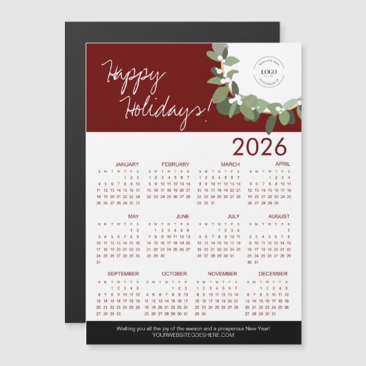 Red Modern Wreath Your Logo hier 2026 Kalender Magnetkarte (Vorne/Hinten)