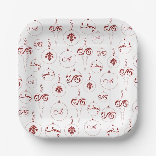 Red Monogram Bauble Ornaments Muster Weihnachten Pappteller (Vorderseite)