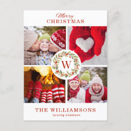 Red Monogram Christmas Berry Wreath | 4 FOTO Feiertagspostkarte