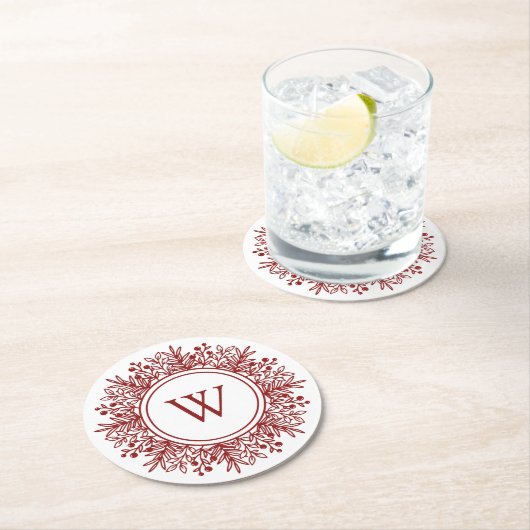 Red Monogram Christmas Runder Pappuntersetzer (Vor Ort)