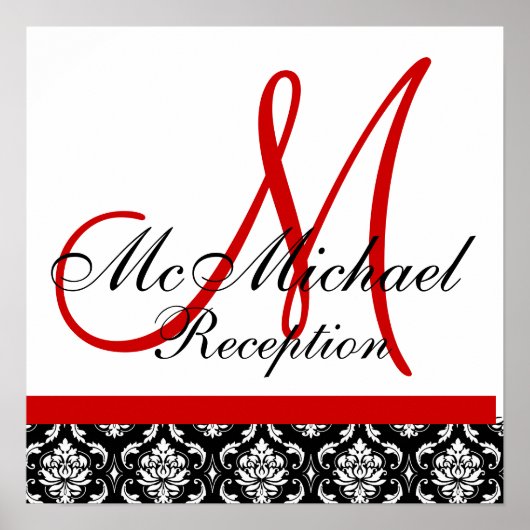 Red Monogram Damask Wedding Empfang Poster (Vorne)