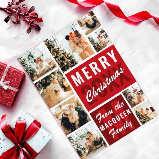 Red Monogram Family Foto Collage Weihnachten Karte