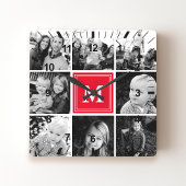 Red Monogram Family Photo Collage Quadratische Wanduhr