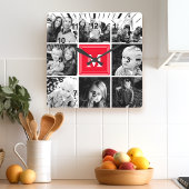 Red Monogram Family Photo Collage Quadratische Wanduhr