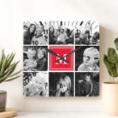 Red Monogram Family Photo Collage Quadratische Wanduhr