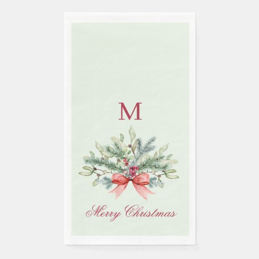 Red Monogram Greenery Frohe Weihnachten Serviette (Vorderseite)