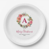 Red Monogram Greenery Pink Wreath Christmas  Pappteller (Vorderseite)