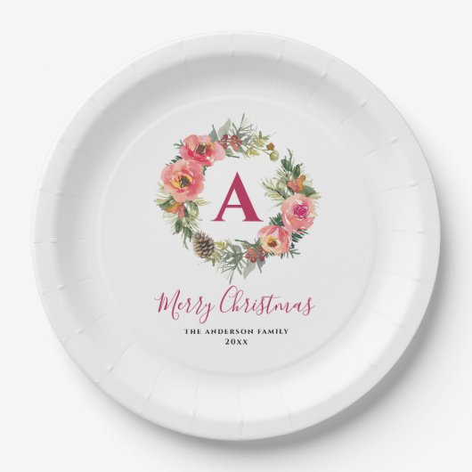 Red Monogram Greenery Pink Wreath Christmas  Pappteller (Vorderseite)
