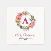 Red Monogram Greenery Pink Wreath Christmas Party Serviette (Vorderseite)