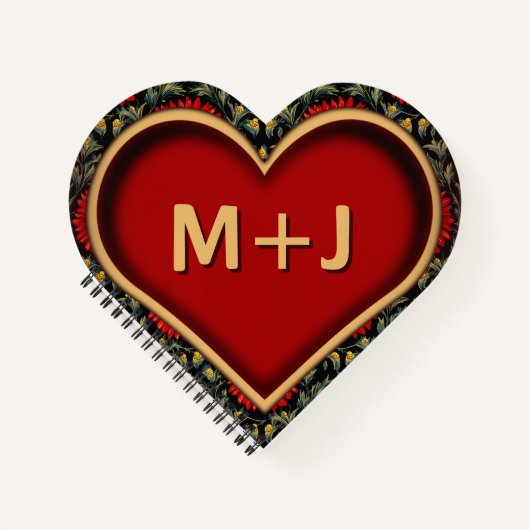 Red Monogram Heart Notebook mit individueller Erst Notizblock (Vorderseite)