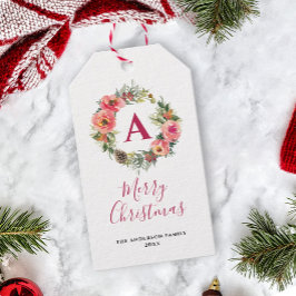 Red Monogram Pink Wreath Greenery Christmas Geschenkanhänger