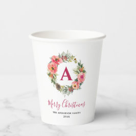 Red Monogram Pink Wreath Greenery Christmas Party Pappbecher