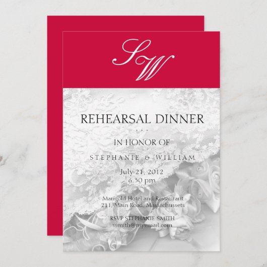 Red Monogram Probe Dinner Card Einladung (Vorne/Hinten)