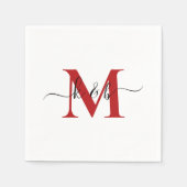 Red Monogram Swash Script White Cocktail Serviette (Vorderseite)