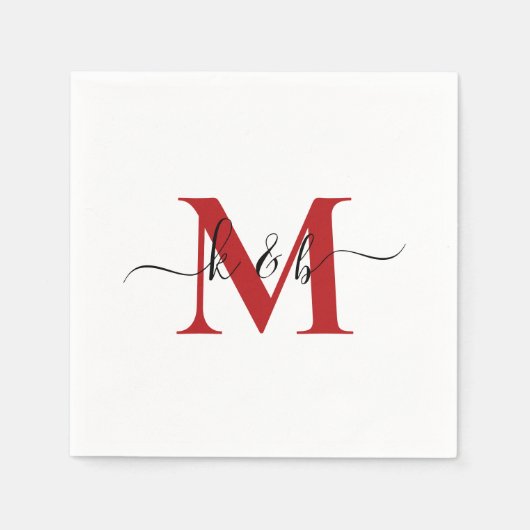 Red Monogram Swash Script White Cocktail Serviette (Vorderseite)