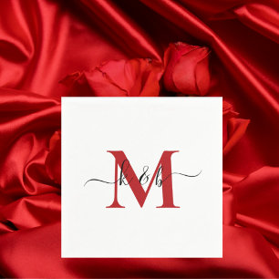 Red Monogram Swash Script White Cocktail Serviette
