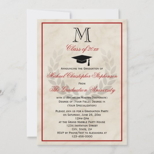 Red Monogram Wreath Classic Uni-Abschluss Einladung (Vorderseite)