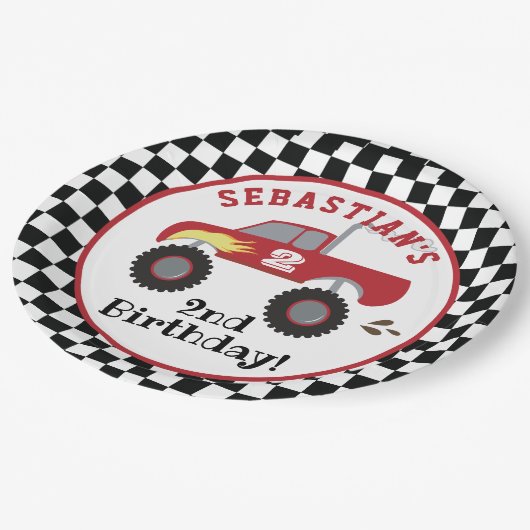 Red Monster Truck Birthday Racing Trucks Boys Pappteller (Schrägansicht)