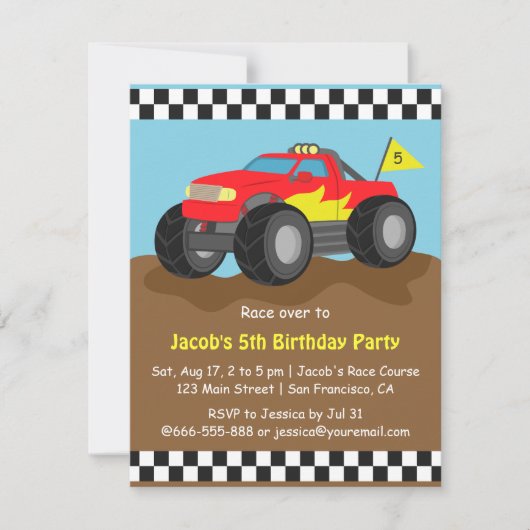 Red Monster Truck Geburtstagsparty Einladung (Vorderseite)