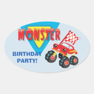 Red Monster Truck Kindergeburtstag Party Ovaler Aufkleber