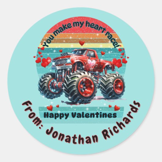 Red Monster Truck Sie machen mein Herzrennen Runder Aufkleber (Vorderseite)