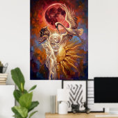 Red Moon Crane Symbolic Art Poster (Heimbüro)