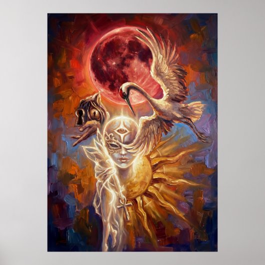 Red Moon Crane Symbolic Art Poster (Vorne)