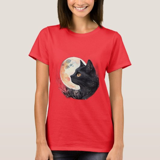Red Moon mit Cat Artistic T - Shirt Design (Vorderseite)