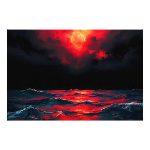 Red Moon Over Dark Ocean Draming Fantasy Seascape Fotodruck