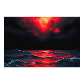 Red Moon Over Dark Ocean Draming Fantasy Seascape Fotodruck