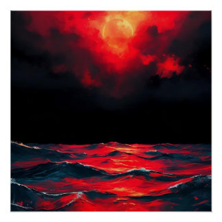 Red Moon Over Dark Ocean Draming Fantasy Seascape Poster