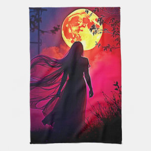 Red Moon Shadow Woman Mystery Design Geschirrtuch
