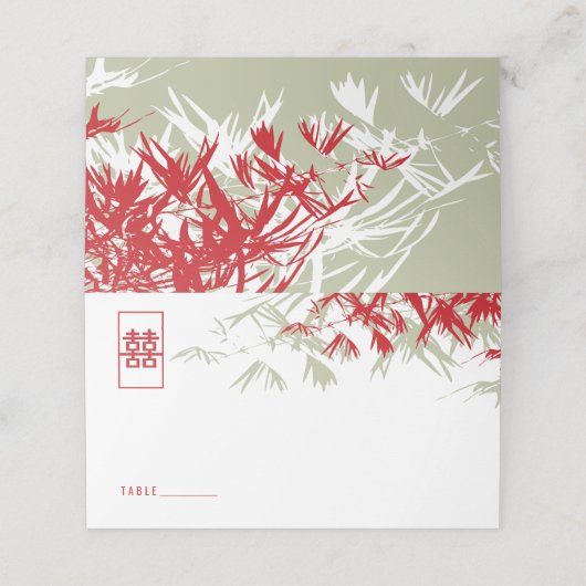 Red & Moss Bamboo Blätter Double Xi Chinese Weddin Platzkarte (Außenseite Aufgefaltet)